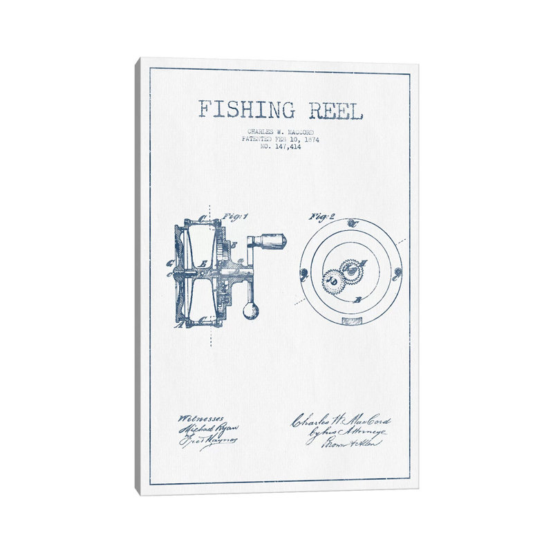 Charles W. MacCord Fishing Reel Patent Sketch (Ink) by Aged Pixel - Wrapped Canvas Gallery-Wrapped Canvas Giclée