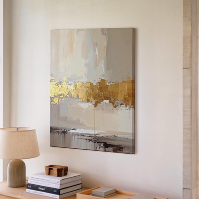 Canvas Wall Art Gold Leaf Abstract Canvasgray Beige And White Textured Modern Art Ready To Hang Gallery Wrapped Home Decor Modern Design