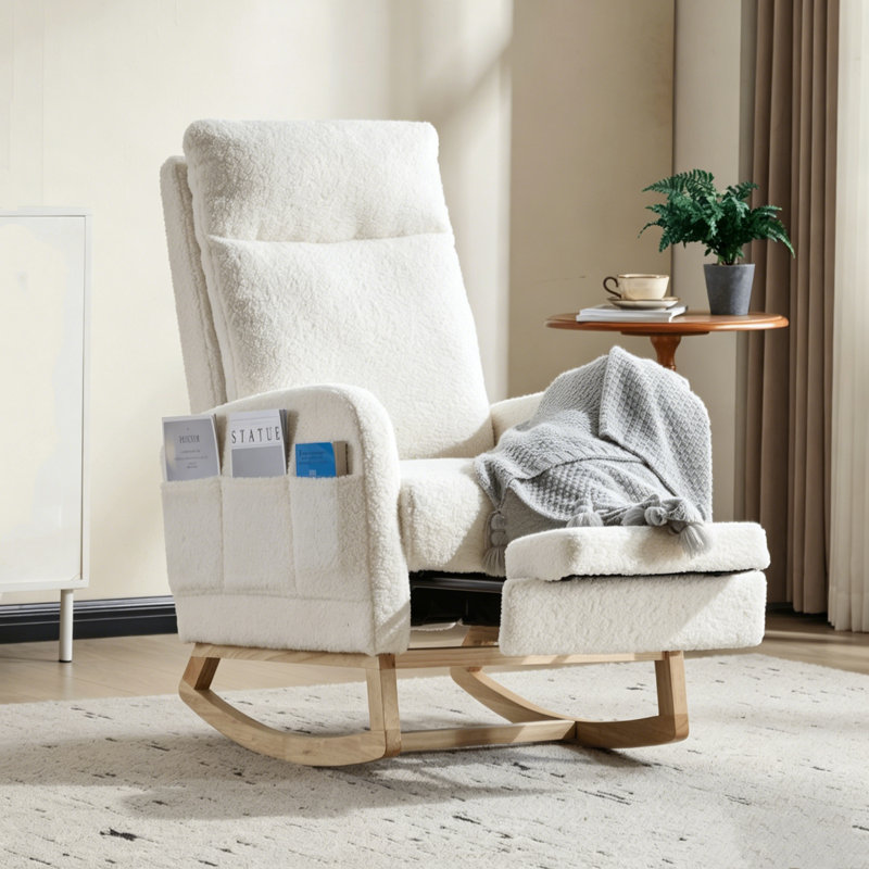 Solid Wood Rocking Chair With High Back & Side Pocket And Footrest, Teddy Upholstered, Nursery Glider For Living Room, Bedroom, Or Nursery
