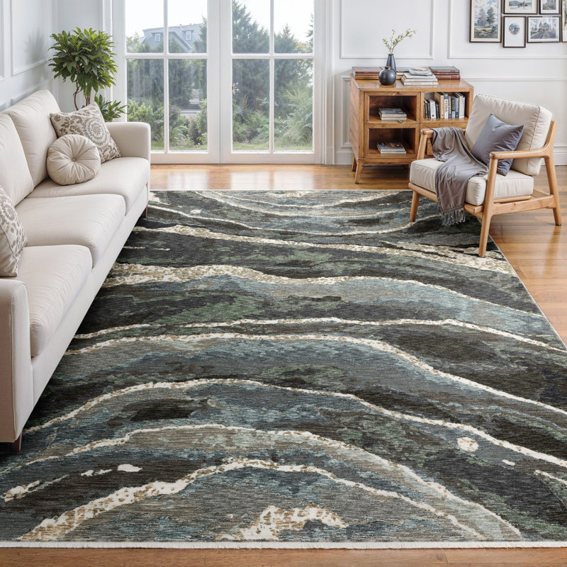 Maline Abstract Waves Blue/ Green Area Rug, Rectangle 3'3" x 5'