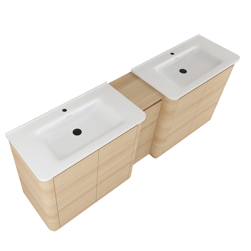 Meuble-lavabo autoportant de 84 po avec lavabo en céramique blanche et 1 petite armoire de rangement à fermeture en douceur, chêne blanc américain, contreplaqué (emballage KD) - 36 po x 2 + 12 po