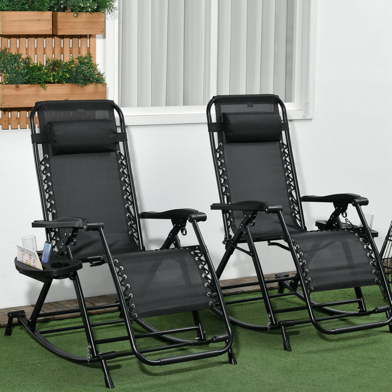 2 chaises berçantes pour les espaces extérieurs, fauteuil inclinable zéro gravité pliable avec coussin, porte-gobelet et support pour téléphone. Acier noir, chaises longues 2 pièces, support inclinable, noir, structure en acier robuste, idéal