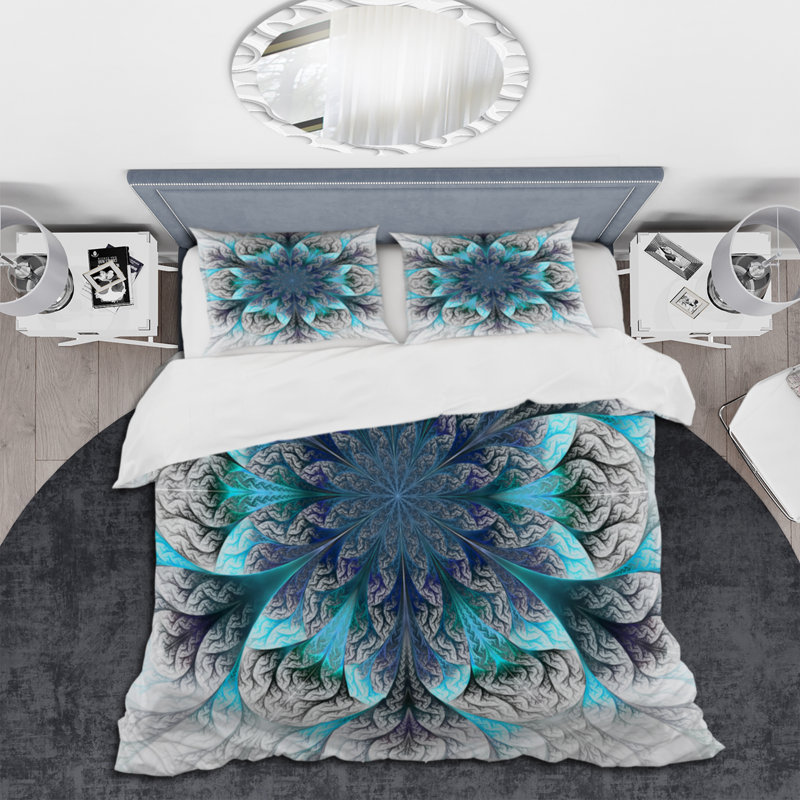 Turquoise And Gray Fractal Flowers - Modern Duvet Cover Set - Microfiber Polyester, Queen Duvet Cover + 2 Standard Shams