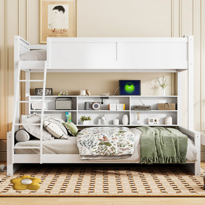 Multifunctional Wood Twin XL Over Queen Bunk Bed With Open Shelves And USB Ports