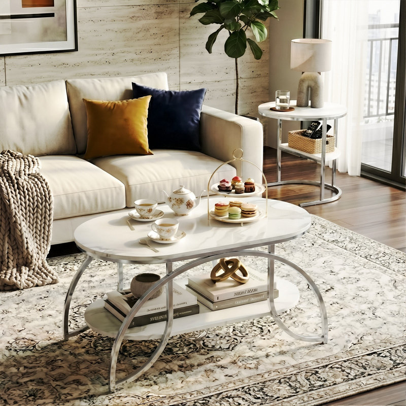 Oval & Round Nesting Coffee Tables (80+52Cm), High-Low Marble Effect Duo With 4-Tier Storage, Silver