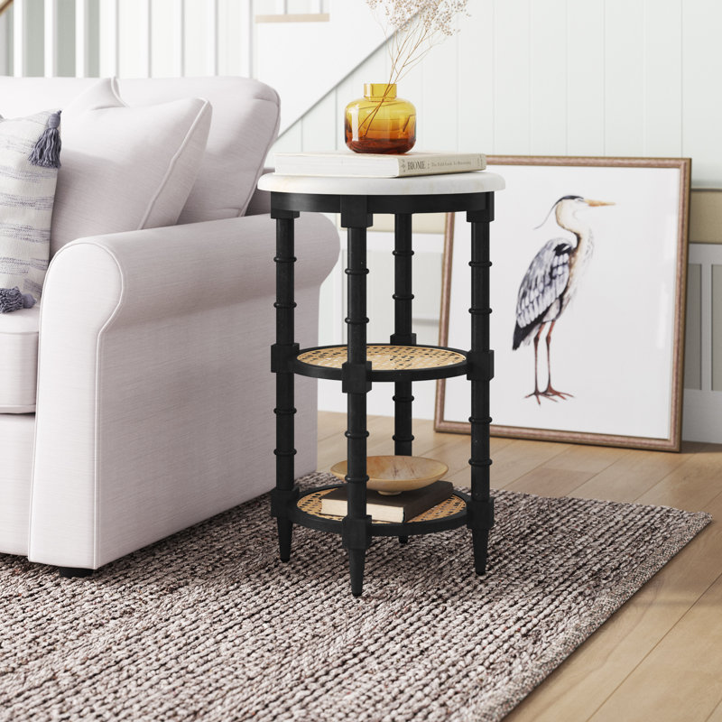Round Solid Wood End Table with Genuine Marble Top and 2 Woven Cane Storage Shelves, Black