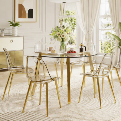 Table circulaire moderne en verre trempé avec pieds en métal doré