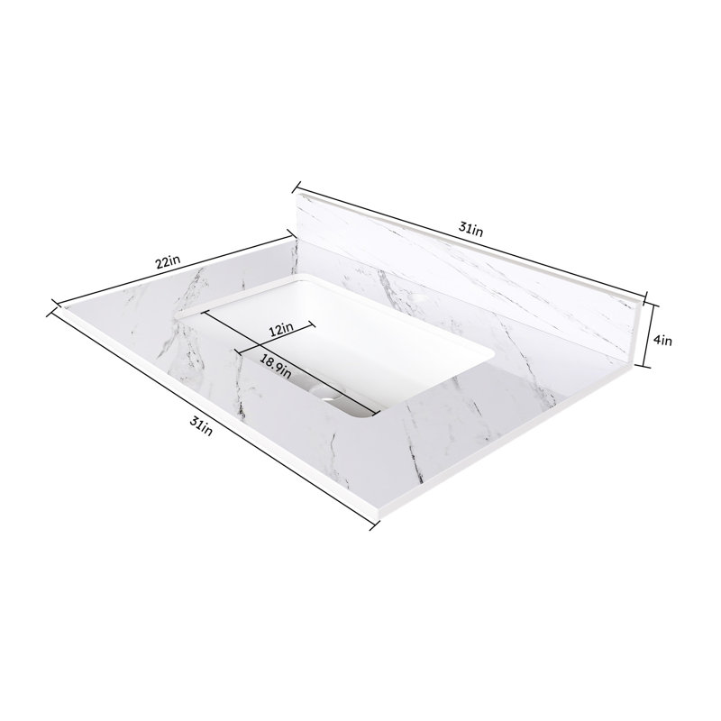 31 po. Comptoir de meuble-lavabo en pierre frittée blanche 31 po - Salle de bain avec lavabo rectangulaire, dosseret de 4 po, trous de robinet pré-percés haute performance et attrayante 31 po pour chauffer l'eau
