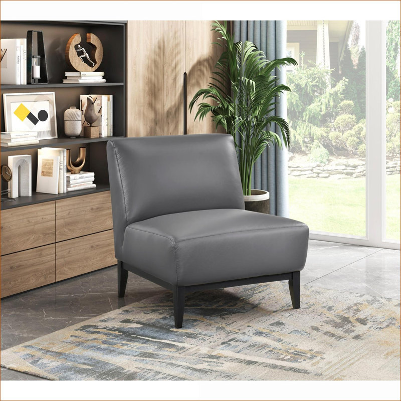 Fauteuil de chambre confortable en cuir gris foncé avec structure en bois massif, mousse à haute densité, assise contemporaine de 28 po en cuir 100% luxueux, largeur: 32,5 po