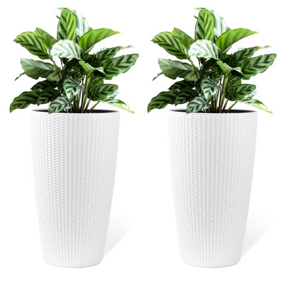 White Faux Planter Of 2 With Automatic Watering And Water Level Monitor, For Use In Indoor Outdoor Gathering Areas 22 Inch Planters Monitor Watering, Good Raising Plants Environments