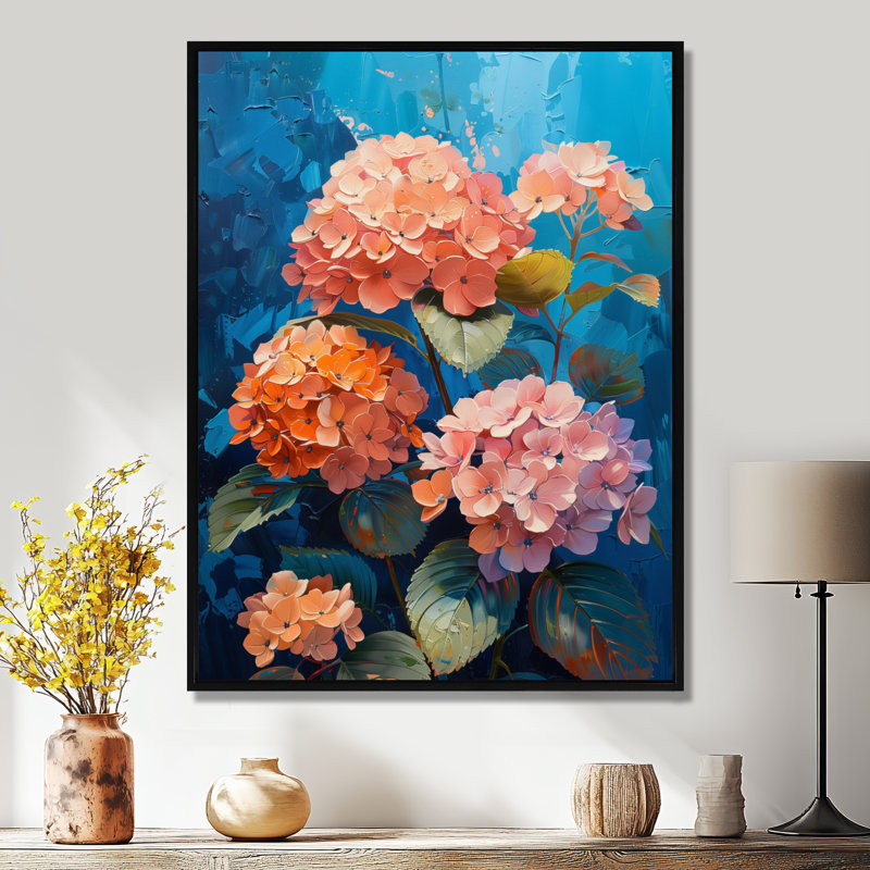 Rose et bleu hortensia qui fleurit en été I - impression d'art mural hortensia, Cadre flottant noir, H 34 po x l 44 po