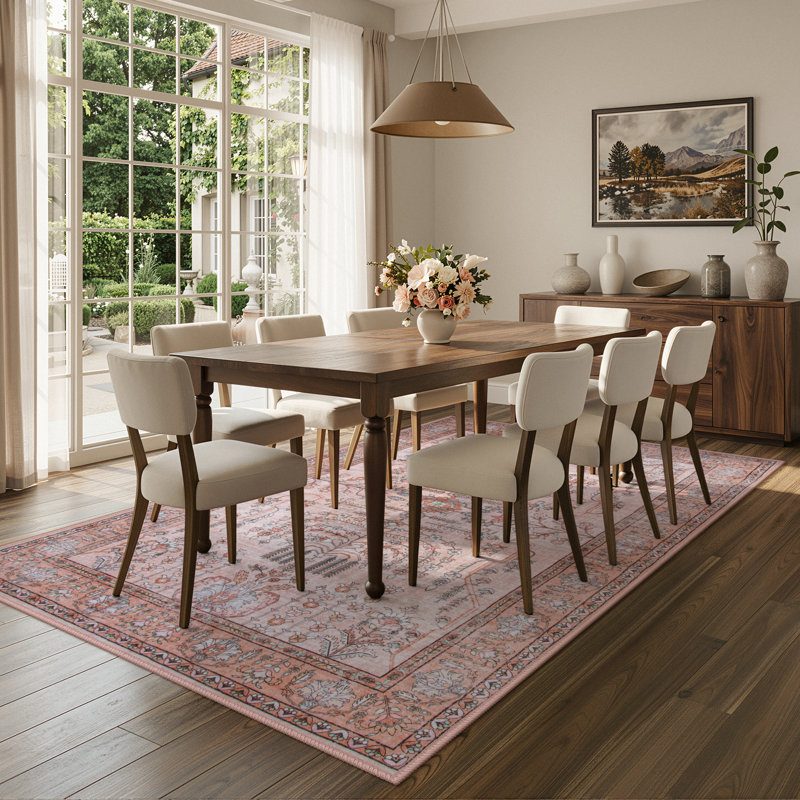 Kaldi Vintage Floral Washable Pink 6X9 Area Rugs for Living Room Bedroom, Non Slip Oriental Low-Pile Rug for Entryway Dining Room Carpet