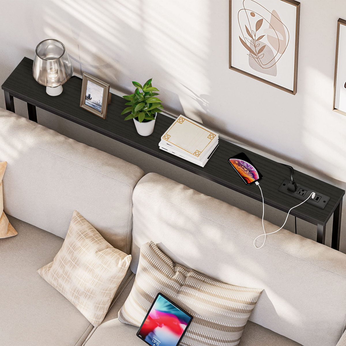 slim wood and iron console table