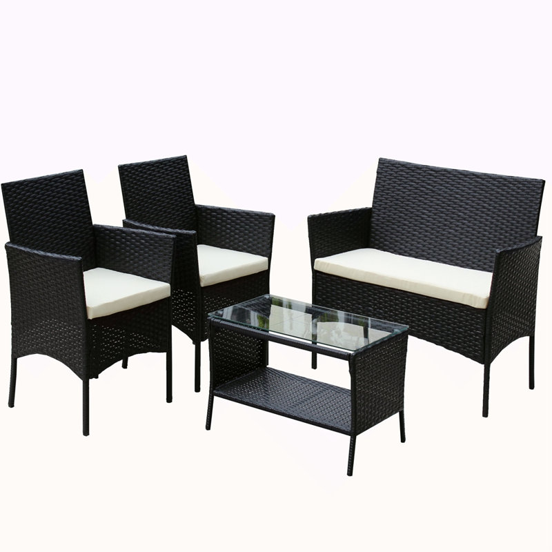 4 PC Rattan Patio Furniture Set Outdoor Patio Cushioned Seat Wicker Sofa, Beige