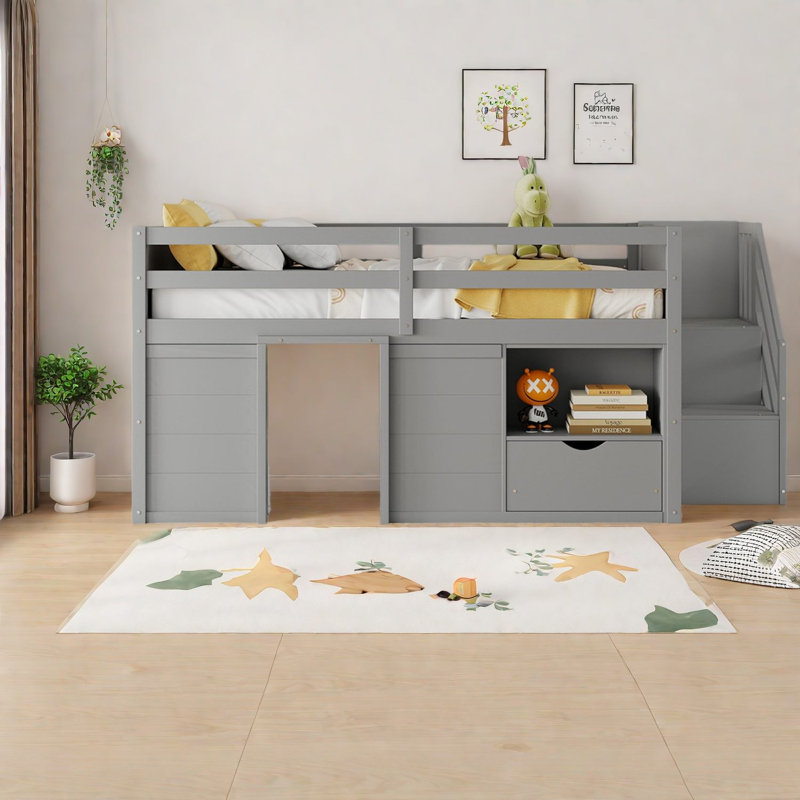 Lits avec rangement, lit double en bois aggloméré, lit mezzanine moderne pour enfants gris