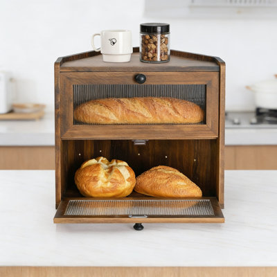 Corner Bread Box With Acrylic Window, 2-Tier Wooden Food Storage Container For Kitchen Countertop, Rustic Farmhouse Design For Bread, Pastries & Snacks
