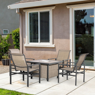 5 Piece Garden Patio Dining Set, Steel, Outdoor Conversation Set, Square Dinner Table with Built-in Ice Bucket Insert, 4 Rocking Chairs for Garden, Lawn, Backyard, Beige