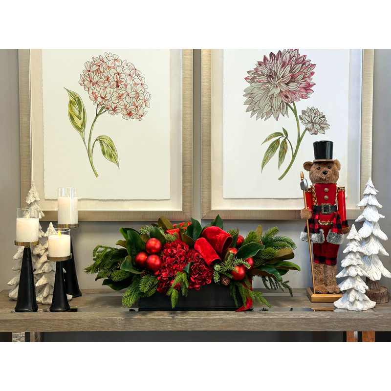 Evergreen and Hydrangea Holiday Centerpiece with Ribbon