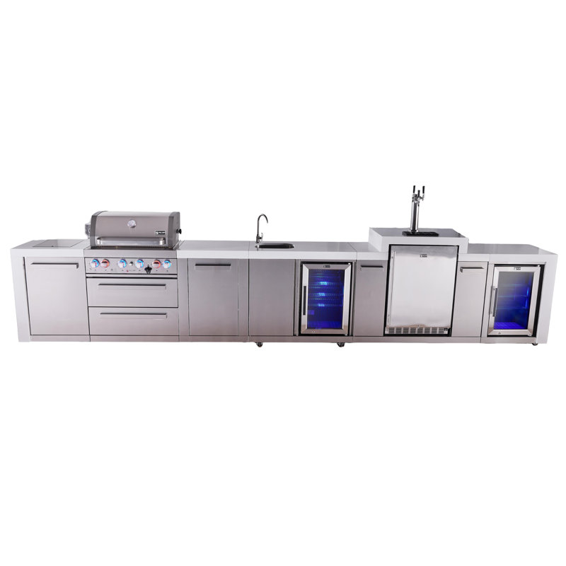 Mont Alpi Premium 4-burner 193" Deluxe Stainless Steel Island Modular Outdoor Kitchen Island Bbq Gas Grill With Beverage Center Faucet & Sink + Refrigerator + Kegerator + Storage Drawers And Cabinets