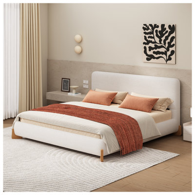 King Size Boucle Upholstered Bed Frame with Sturdy Wood Legs - Modern White Platform Bed for Bedroom Decor