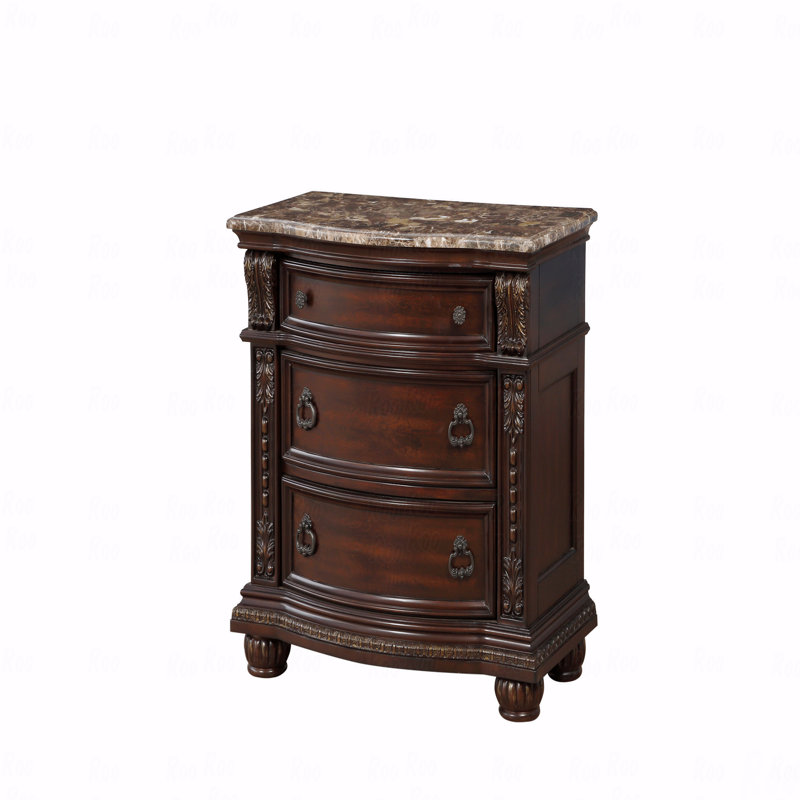 Dark Cherry Finish With Gold Tipping European Design 1Pc Nightstand With Genuine Marble Top Traditional Bedroom Furniture 3-Drawers