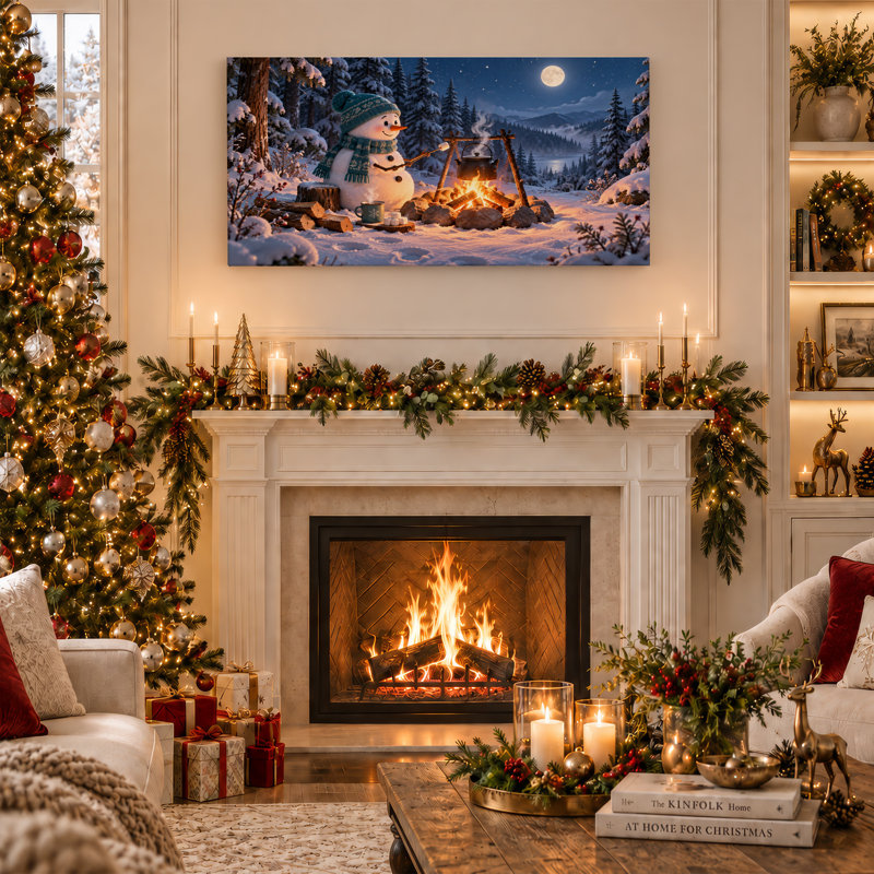 «Snowman Roast Marshmallows» par Campfire, art mural sur toile de Noël, L 20 po x H 10 po