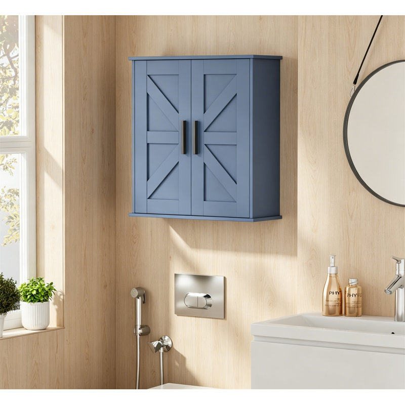 Armoire murale de salle de bain au-dessus de la toilette, portes de grange, tablettes réglables, 3 niveaux, bleu, profondeur 7,9 po