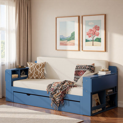 Multifunctional Daybed With Storage Drawer, Open Compartments And Hydraulic Side Table