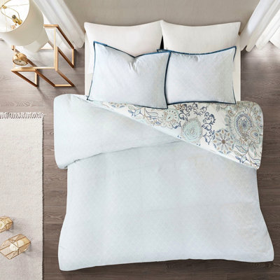 Reversible Duvet Cover With Floral And Symmetric Prints Cotton Two-tone Print