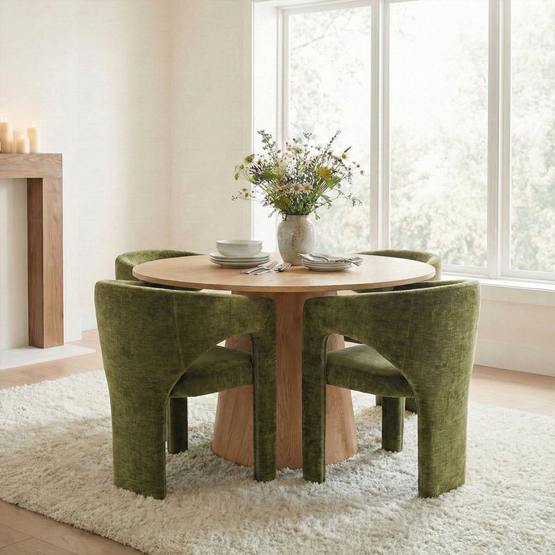 5-Piece Mid-Century Round Dining Set With Oak Finish Pedestal Table For 4, Olive Green