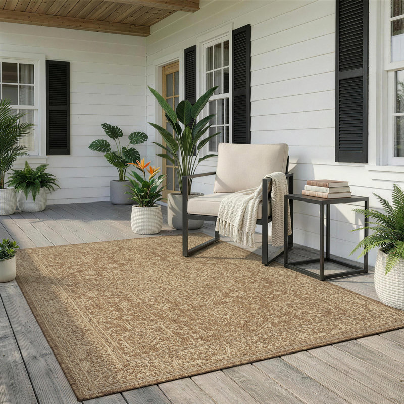 Tapis oriental intérieur / extérieur tissé résistant aux rayons UV brun clair, Brun, Rectangle 5 pi x 7 pi