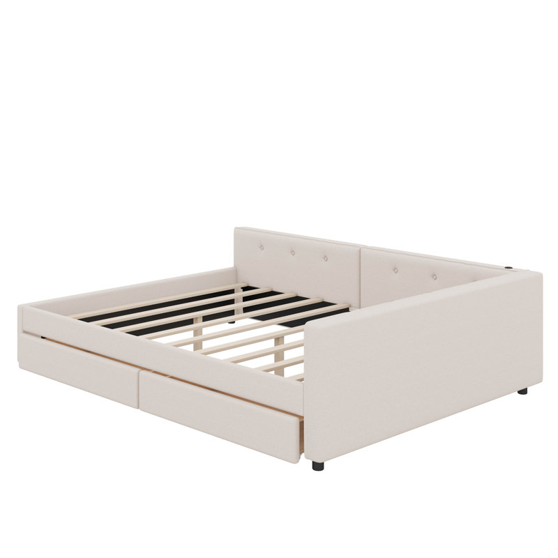 Upholstered Platform Bed With USB And Drawers, Queen
