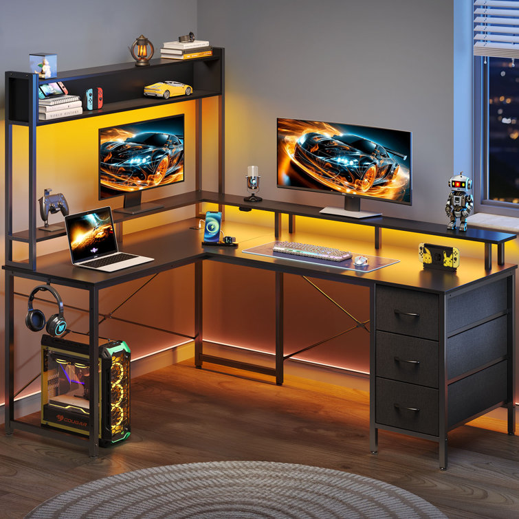 Milya L Shaped Gaming Desk with Drawers, Reversible Office Desk with Hutch and Monitor Shelf