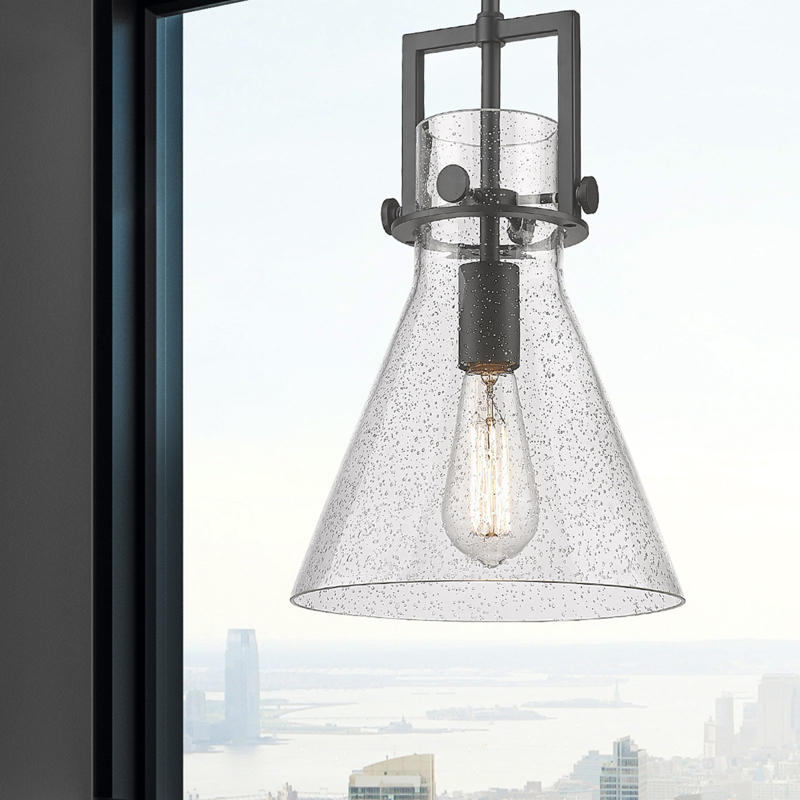 Coterie Single Light Glass Dimmable Pendant, Seedy, Matte Black, 13.63" H x 10" W x 10" D