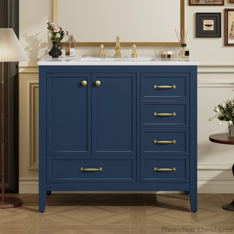 Meuble-lavabo 36 po avec lavabo, porte à fermeture en douceur, 4 tiroirs de différentes tailles, Bleu