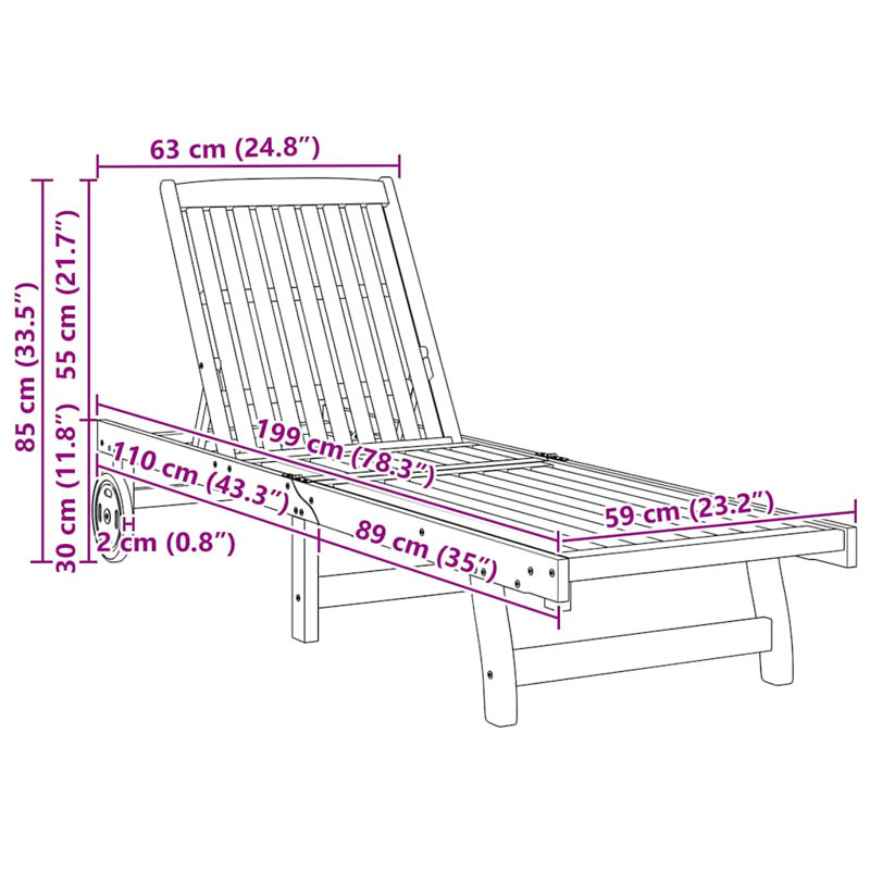 Ensemble de 2 chaises longues vidaXL standard en bois d'acacia massif