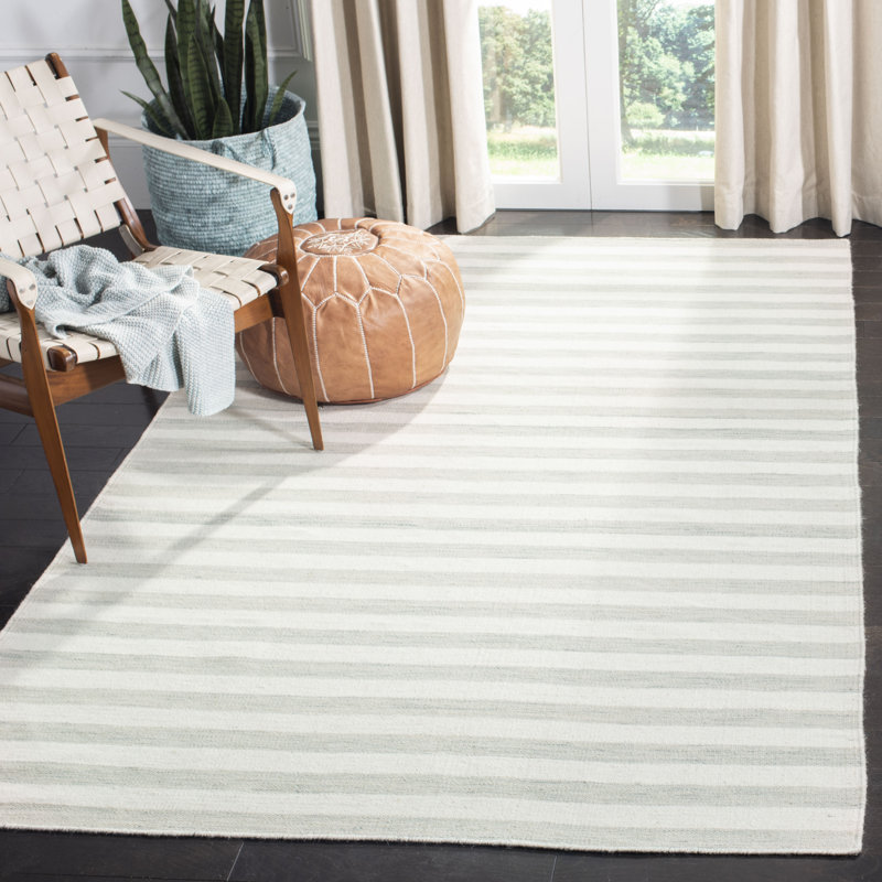 Waukena Hand Woven Flat Weave Wool/Cotton Striped Rug in Light Blue/Ivory, Rectangle 8' x 10'