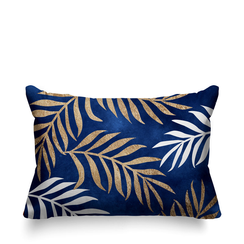 Coussin lombaire intérieur / extérieur Bobo Fern, Bleu marine / or / blanc
