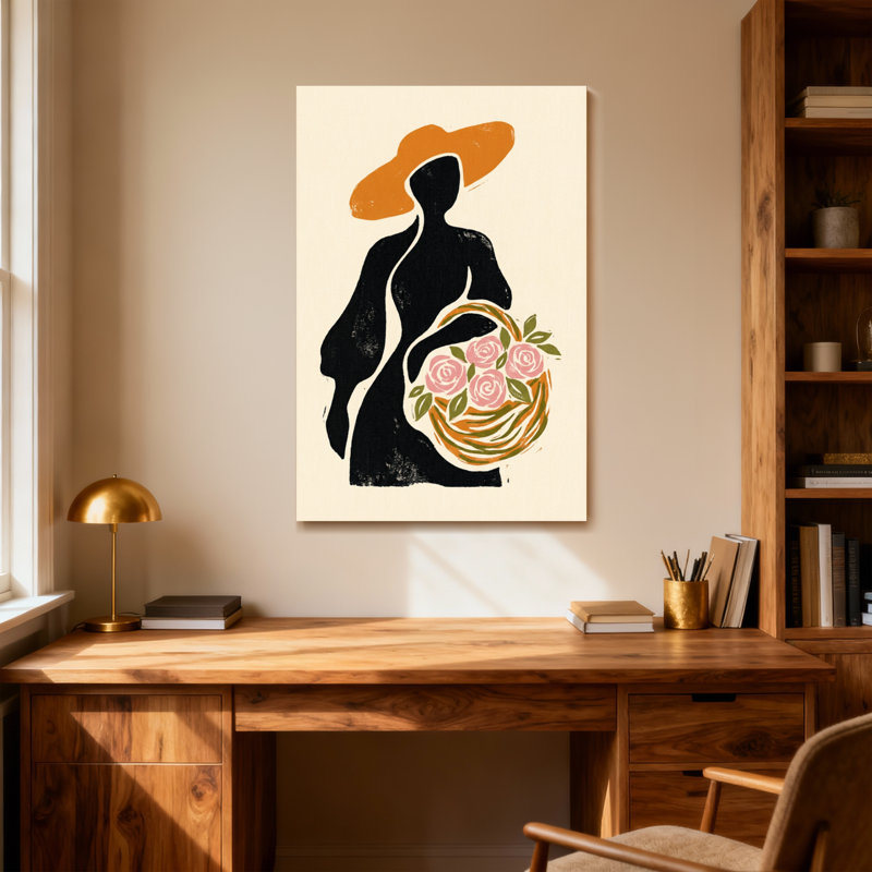 Plantes et fleurs, silhouette d'une femme avec un chapeau et un panier de fleurs, H 24 po x l 16 po