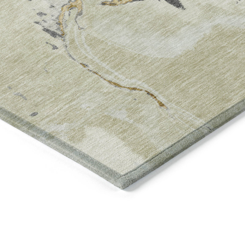 Ivory Abstract Washable Synthetic Rectangular Rug 3' x 5'