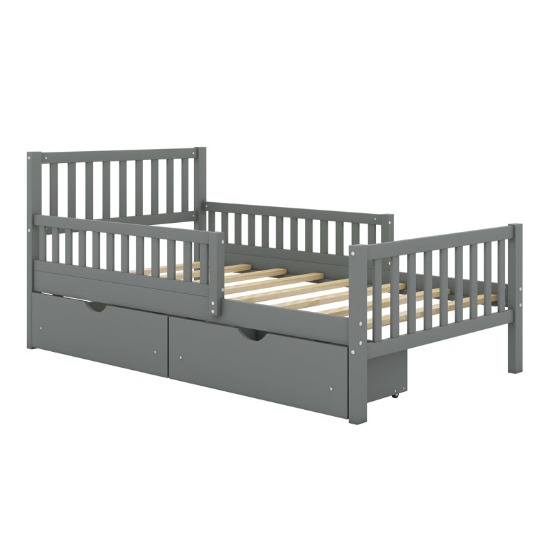 Platform Bed With Guardrails On Both Sides And Two Storage Drawers, Twin, Grey