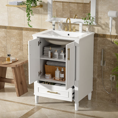 Modern Bathroom Vanity with Ornate Motif Design & Soft-Close Hinges,  Bathroom Cabinet with Drawer and Back Open Structure, Ornately Carved French Cylinder Legs