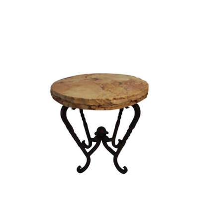 Rustic Outdoor Peach Travertine Side Table: Hand-forged Wrought Iron Base - Mexports By Susana Molina