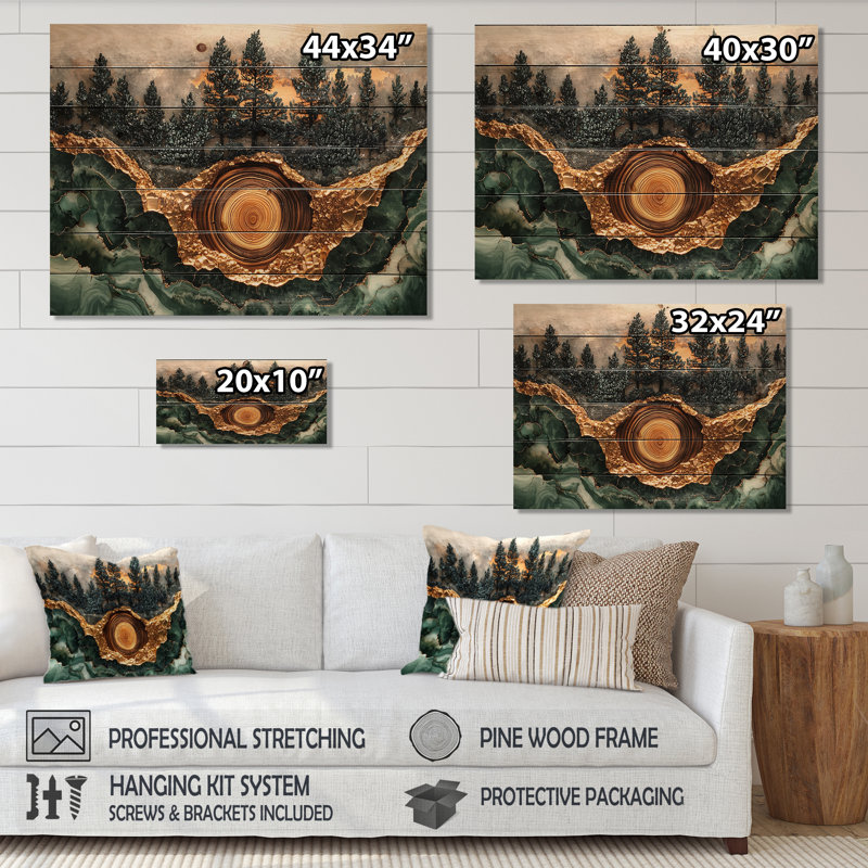Paysage de forêt de pins sur l'horizon émeraude I - Décoration murale bois de forêt - sur bois de pin naturel
