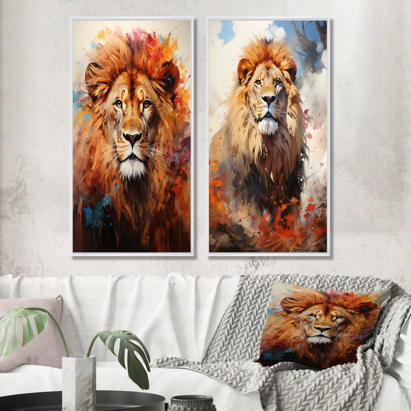 «Lions Prideful Presence - Lion», ensemble d'art mural sur toile, Cadre blanc, H 28 po x l 25 po