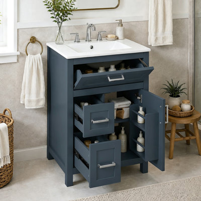 Meuble-lavabo de 24 po avec lavabo en céramique, structure en bois massif avec armoire en bois aggloméré, armoire de rangement de salle de bain avec 1 porte, tiroir rabattable et 2 tiroirs, charnières à fermeture en douceur, tablette réglable, poignées argentées