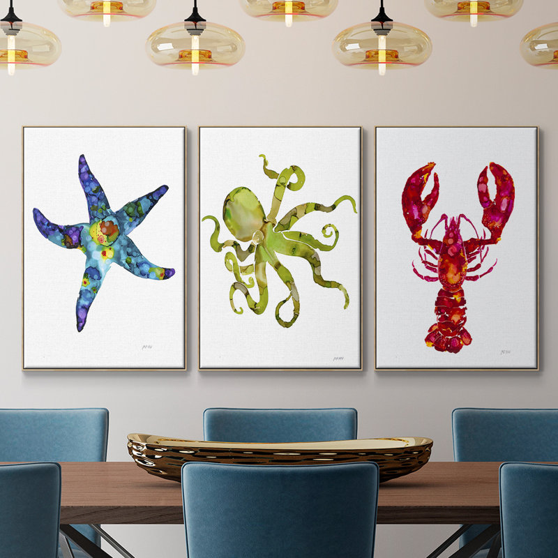 Homard, impression sur toile 3 pièces, Cadre en bois naturel, H 48 po x l 96 po x P 2 po