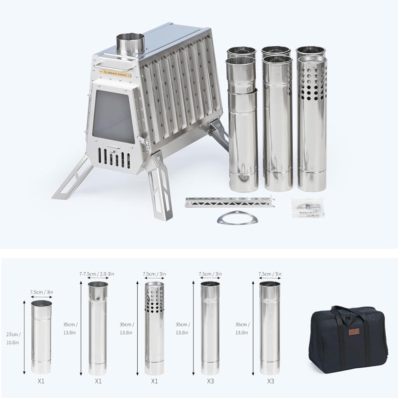 Green Stove Defender 304 Stainless Steel Wood Burning Tent Stove With Chimney Pipes - Portable Hot Tent Stove For Outdoor Heating, Camping & Hunting