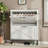 White, Narrow Entryway Shoe Cabinet With Two Flip-Up Drawers, Metal Legs, And Freestanding Storage Shelves.