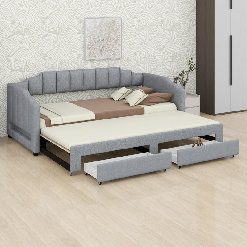 Lit de jour rembourré, conception extensible avec deux tiroirs et éclairage DEL, Gris